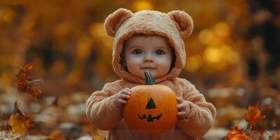 Cute baby in bear costume holds jack-o'-lantern surrounded by autumn leaves in a park during Halloween festivities photo