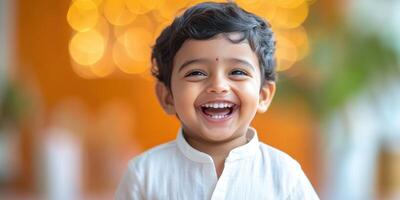 Young child with joyful smile standing indoors, surrounded by warm decor and soft lights photo