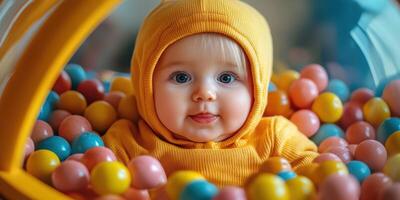 Baby wearing yellow hoodie sits among colorful balls in playful setting enjoying bright and cheerful atmosphere photo