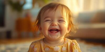 Happy toddler smiles while sitting on the floor in a cozy living room during golden hour photo