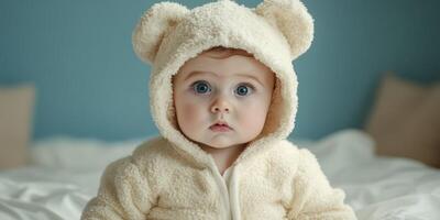 Cute baby in a fluffy teddy bear hoodie sitting on a bed in a cozy room during morning light photo