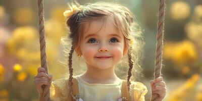 Little girl enjoying a sunny day on a swing surrounded by vibrant flowers in a joyful outdoor setting photo