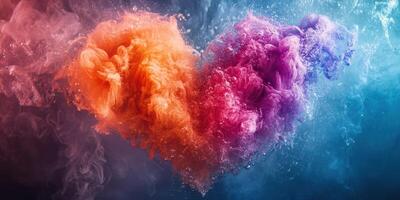 Colorful heart shape formed by vibrant smoke and water in artistic display photo