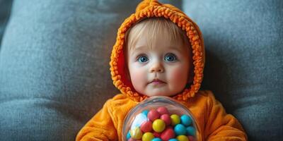 Cute baby in orange hoodie holding a gumball machine filled with colorful candies while sitting on a plush sofa photo