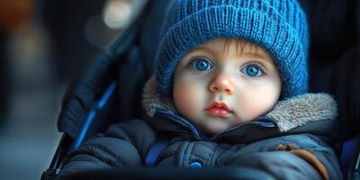 Baby with blue eyes in winter attire sitting peacefully in stroller outside on a chilly day photo