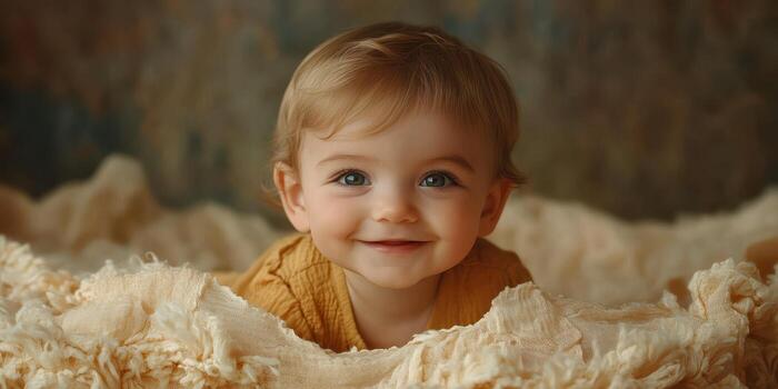 Happy baby smiling warmly while lying on a soft textured blanket indoors during daylight photo