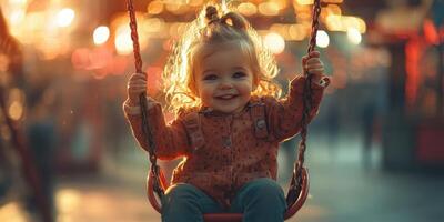Joyful child swings at sunset surrounded by warm lights in a vibrant outdoor space photo