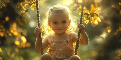 Sweet child enjoying a golden hour swing under lush foliage in a tranquil outdoor setting photo
