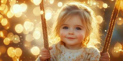 Happy toddler swinging under warm sunlight with sparkling bokeh in the background during golden hour photo