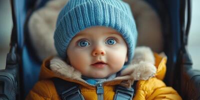 Bright-eyed baby in a cozy winter coat and blue beanie enjoying a stroll in a stroller on a chilly day photo