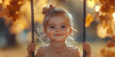 Young girl enjoying a swing amidst autumn leaves in a serene outdoor setting during golden hour light photo