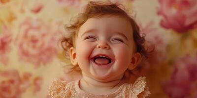 Smiling baby with curly hair enjoys bright moment against floral background photo