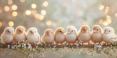 Cute fluffy chicks perched in a row on a flower-adorned branch surrounded by soft bokeh light photo