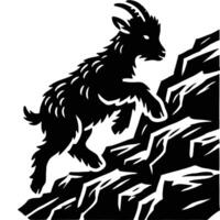 A black and white illustration of a goat climbing a mountain vector