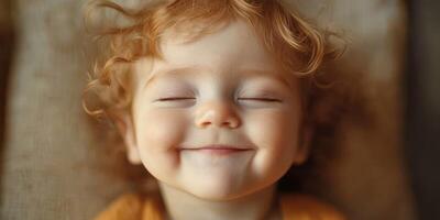 Smiling toddler with curly hair enjoying a moment of joy in a cozy indoor setting during the afternoon photo