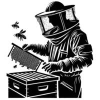 Beekeeper with hive and bees vector