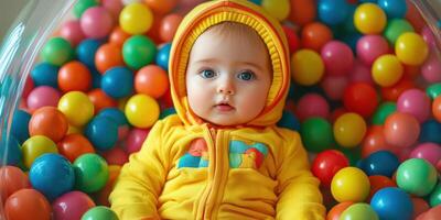 Baby enjoys colorful ball pit playtime in cozy yellow hoodie on a sunny day photo