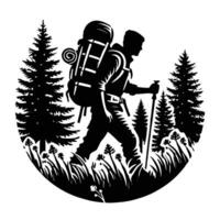 A silhouette of a man with a backpack and hiking poles vector