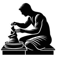 A man is making a statue in a black and white silhouette vector