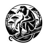 A black and white image of a monkey sitting on a branch vector