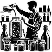 A man is pouring liquid into jars in a kitchen vector