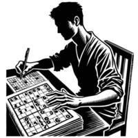 A man is playing sudoku at a table vector