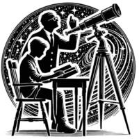 A man and a boy looking at a telescope vector