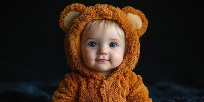 Baby in a cozy teddy bear suit with charming blue eyes on a dark background photo