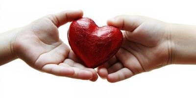 Hands sharing a red heart symbolizing love and unity between two people in a caring gesture photo
