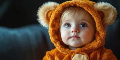 Cute baby wearing a lion costume in a cozy indoor setting during a playful afternoon photo