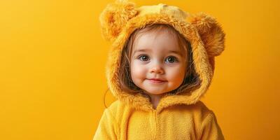 Smiling child in a yellow bear costume against a bright yellow background during a playful moment indoors photo