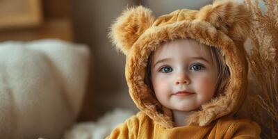 Cute toddler in a fuzzy bear hoodie enjoys cozy indoor atmosphere with soft textures and warm lighting during a calm morning photo