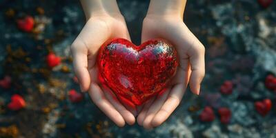 Hands hold a sparkling red heart-shaped object surrounded by smaller hearts on a textured surface photo