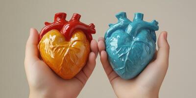 Two colorful heart models held in hands, representing love and emotion in a creative art piece photo