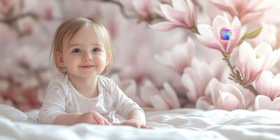 Baby girl smiles while playing on soft bed surrounded by beautiful magnolia flowers photo