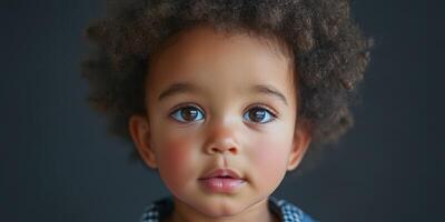 Child with curly hair gazing directly at the camera in a neutral background, showcasing captivating eyes and innocent expression photo