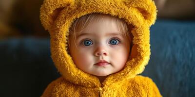 Baby in a cozy yellow bear costume with blue eyes gazing curiously at the world around them photo