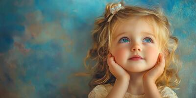 Young girl with curly hair gazes thoughtfully against a soft blue background during a serene moment photo