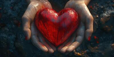 Hands hold a red heart symbolizing love and connection in a textured and striking environment photo