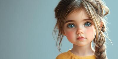 Young girl with braided hair and expressive blue eyes gazing softly at the viewer in a neutral-toned setting photo