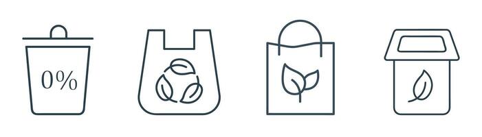 Eco-Friendly and Zero Waste Line Icon Set. Illustration of Zero Waste, Reusable Shopping Bags, Recycling Bin, and Compost Bin Symbols in Line Art Style vector