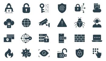 Cyber Security solid Icon Set. Illustration for Digital Protection, Data Privacy, Network, and online Safety icons vector