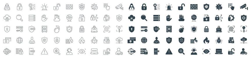 Security line and solid icon set. Illustration of Cyber Safety, Privacy, Access Control, and Data Protection vector