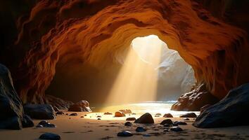 Light streaming through a rocky cave by the shore with smooth stones photo