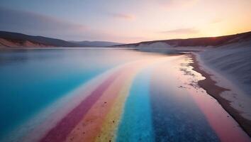 Stunning colors blend at the lake during sunset with a gradient effect on the water photo