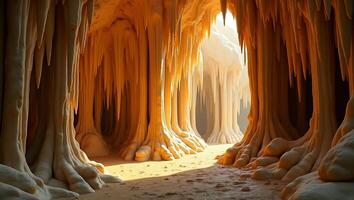 Exploring a stunning cave with unique rock formations and soft lighting photo