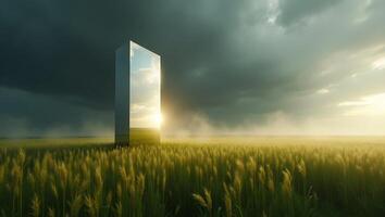 Mirror structure reflecting light in a wheat field under cloudy sky at sunset photo
