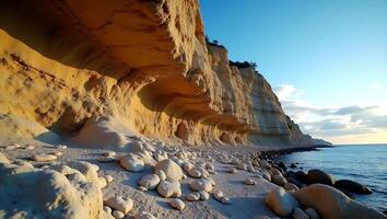 Coastal cliffs at sunset with smooth pebbles lining the shore near the ocean photo