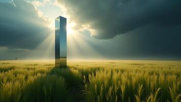 Mysterious monolith standing in a golden field under dramatic skies photo