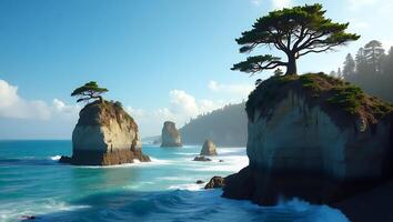 Coastal cliffs with trees and crashing waves on a sunny day photo